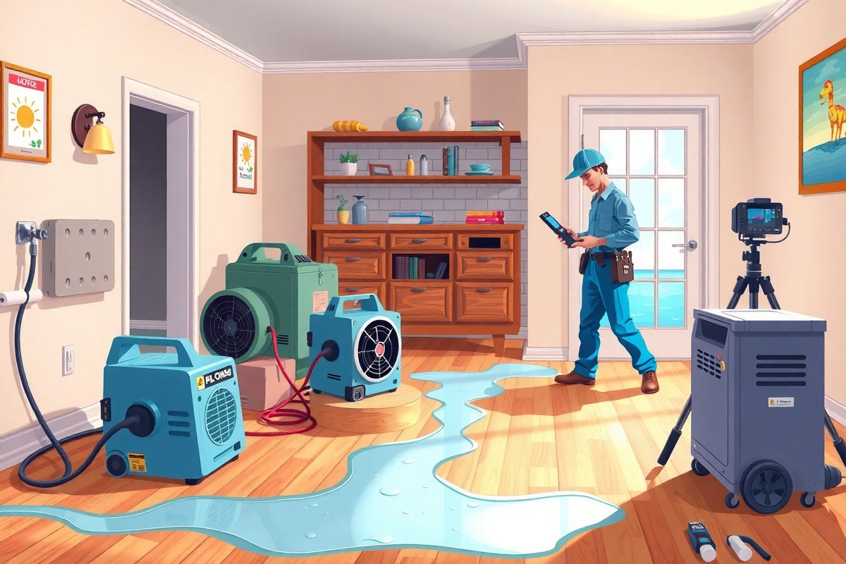 Pixar-style illustration of two professional restoration technicians operating air movers and a refrigerant dehumidifier in a bright, friendly home interior; visible moisture meter, hoses, drywall cut-out showing wet insulation, varied flooring types, and thermal camera tripod — representing trustworthy, expert water damage mitigation and IICRC ASD training