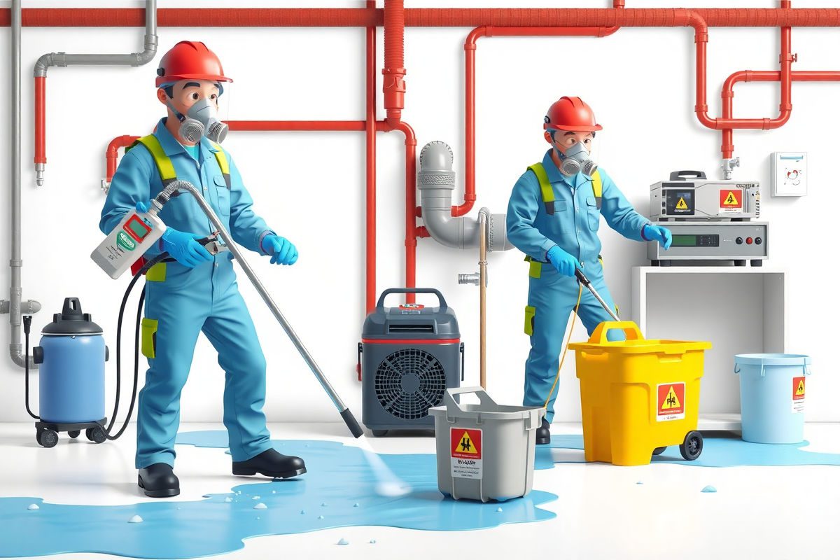 Restoration technicians in full PPE performing biohazard cleanup with hospital-grade disinfectant, HEPA air scrubber, sealed waste bags, and dehumidifier