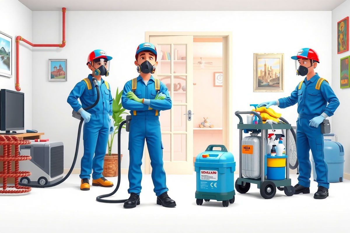 Main image: professional biohazard cleanup technicians in a residential setting