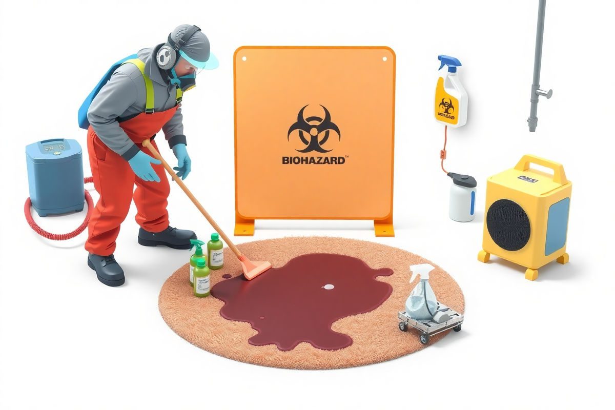 Pixar 3D style illustration of two professional restoration technicians wearing full PPE containing and cleaning a subtle biohazard spill on a residential carpet, using hospital-grade cleaners, sealed waste bags, a moisture meter, and a small dehumidifier, on a pure white background.