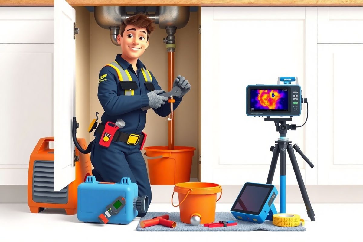 Friendly emergency plumber kneeling under a kitchen sink, applying a clamp to a burst pipe while using moisture meter and dehumidifier nearby, Pixar 3D bright colorful cartoon illustration