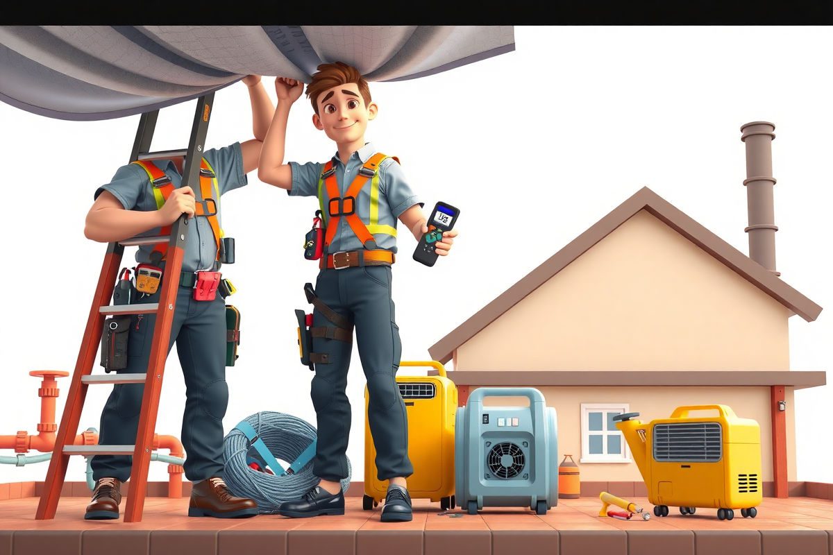 Confident technician installing an emergency tarp while holding a moisture meter; dehumidifier and air mover on the ground, clean Pixar 3D style professional illustration