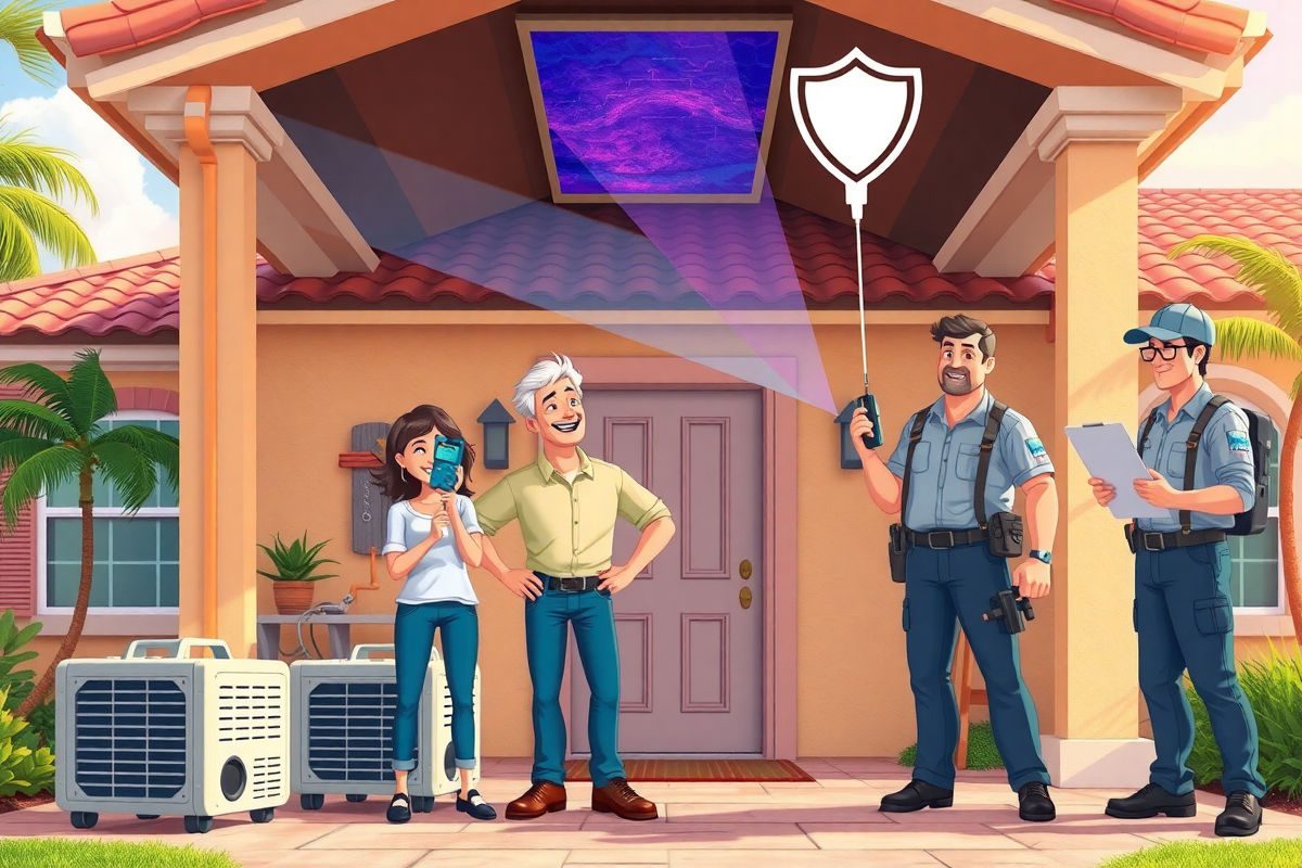 Happy Florida homeowner with moisture meter and technicians inspecting a Florida-style home for mold prevention