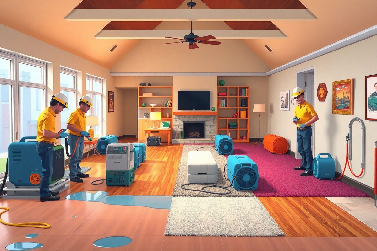 Pixar style bright colorful cartoon illustration of a Flood House interior set up as an IICRC ASD Flood Facility with technicians using dehumidifiers, air movers, and moisture meters across multiple flooring types