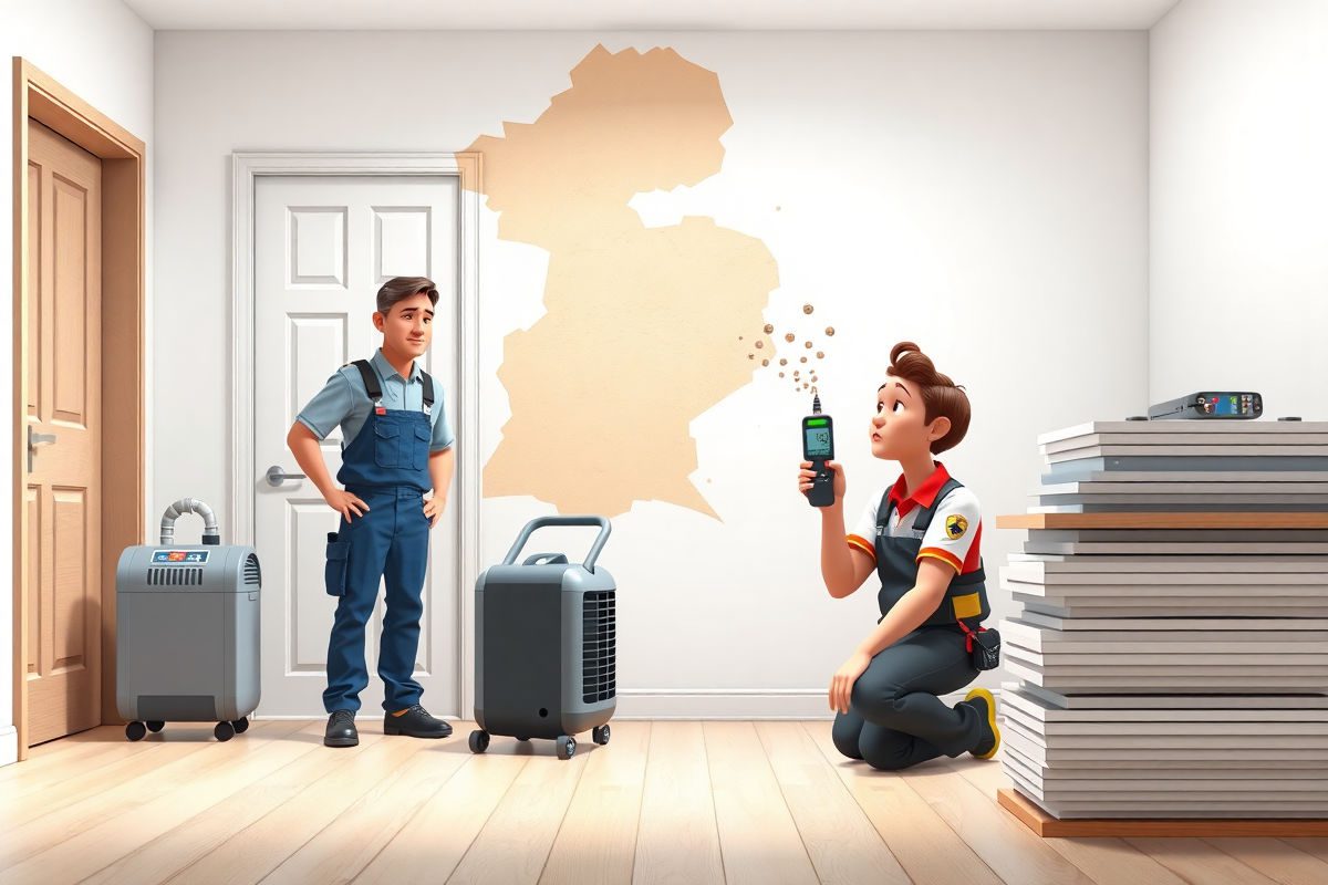 Pixar 3D style illustration of a worried homeowner and restoration technician with invisible mycotoxin spores