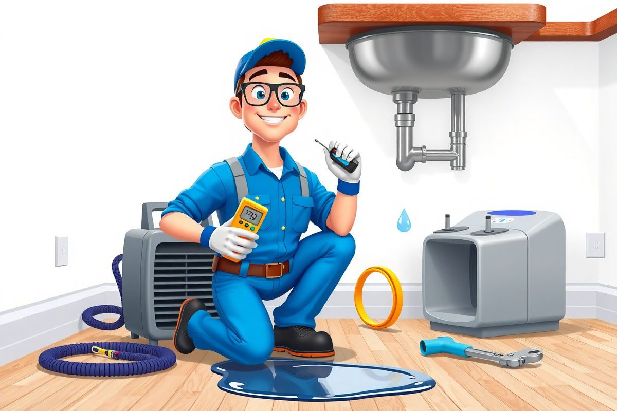 Friendly professional plumber kneeling beside a small flooded hardwood floor, using a moisture meter with a dehumidifier, air mover, plumbing snake, and wrench nearby