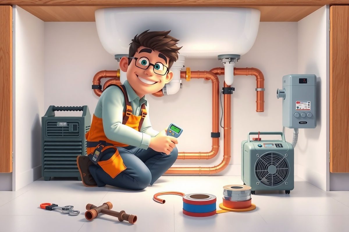Plumber kneeling under a kitchen sink, repairing exposed copper pipes while holding a moisture meter. Nearby drying equipment includes a compact dehumidifier and an air mover. Tools like an adjustable wrench, pipe cutter, camera inspection reel, and replacement fittings are arranged neatly to the side. Friendly, professional cartoon technician in workwear, pure white background, centered composition.