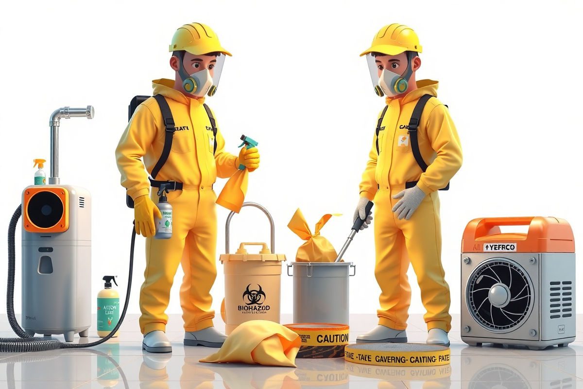 Pixar-style cartoon of two professional biohazard cleanup technicians in full PPE handling sealed disposal bags, hospital-grade cleaners, moisture meter, air mover and dehumidifier on a white background.