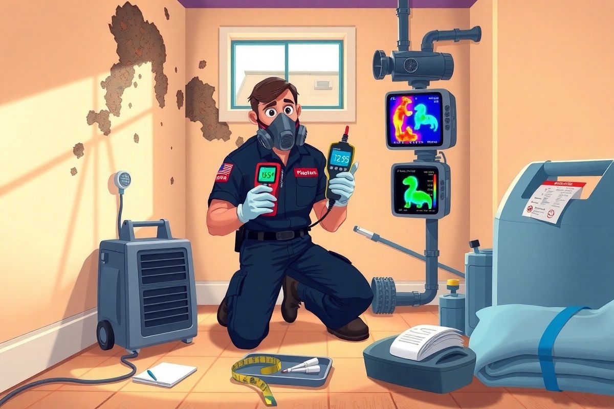 Professional inspector kneeling in a warm, bright basement while using a moisture meter and thermal camera near damp walls, with dehumidifier, air mover, air sampling pump, clipboard, and inspection tools visible nearby