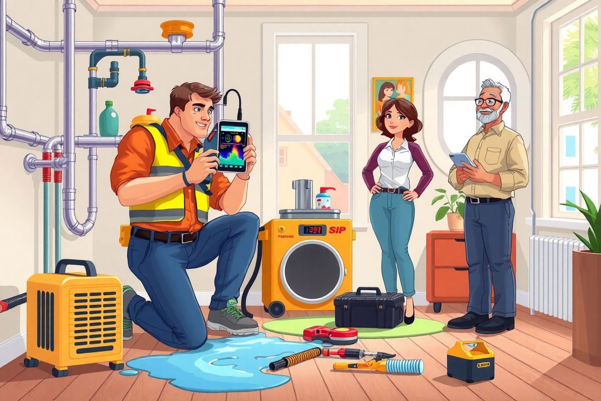 Inspector kneeling with moisture meter and infrared camera inspecting water damaged flooring; dehumidifier, air mover, plumbing tools and drain camera visible nearby in a bright Pixar style colorful cartoon illustration