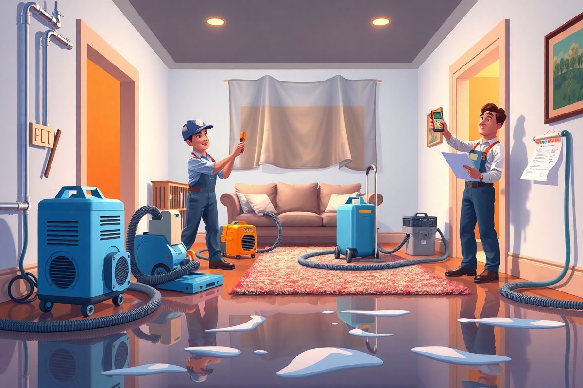 Pixar style bright colorful cartoon illustration of professional water damage restoration technicians using pumps, wet vac, dehumidifiers, and air movers to extract water from a flooded living room after a burst pipe