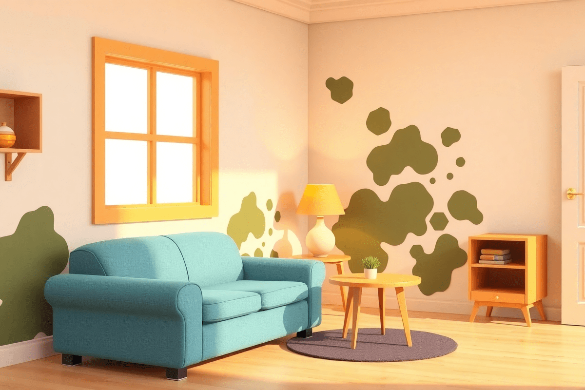 3D cartoon living room with a sofa, lamp, small table, and visible large green mold patches spreading across the walls.