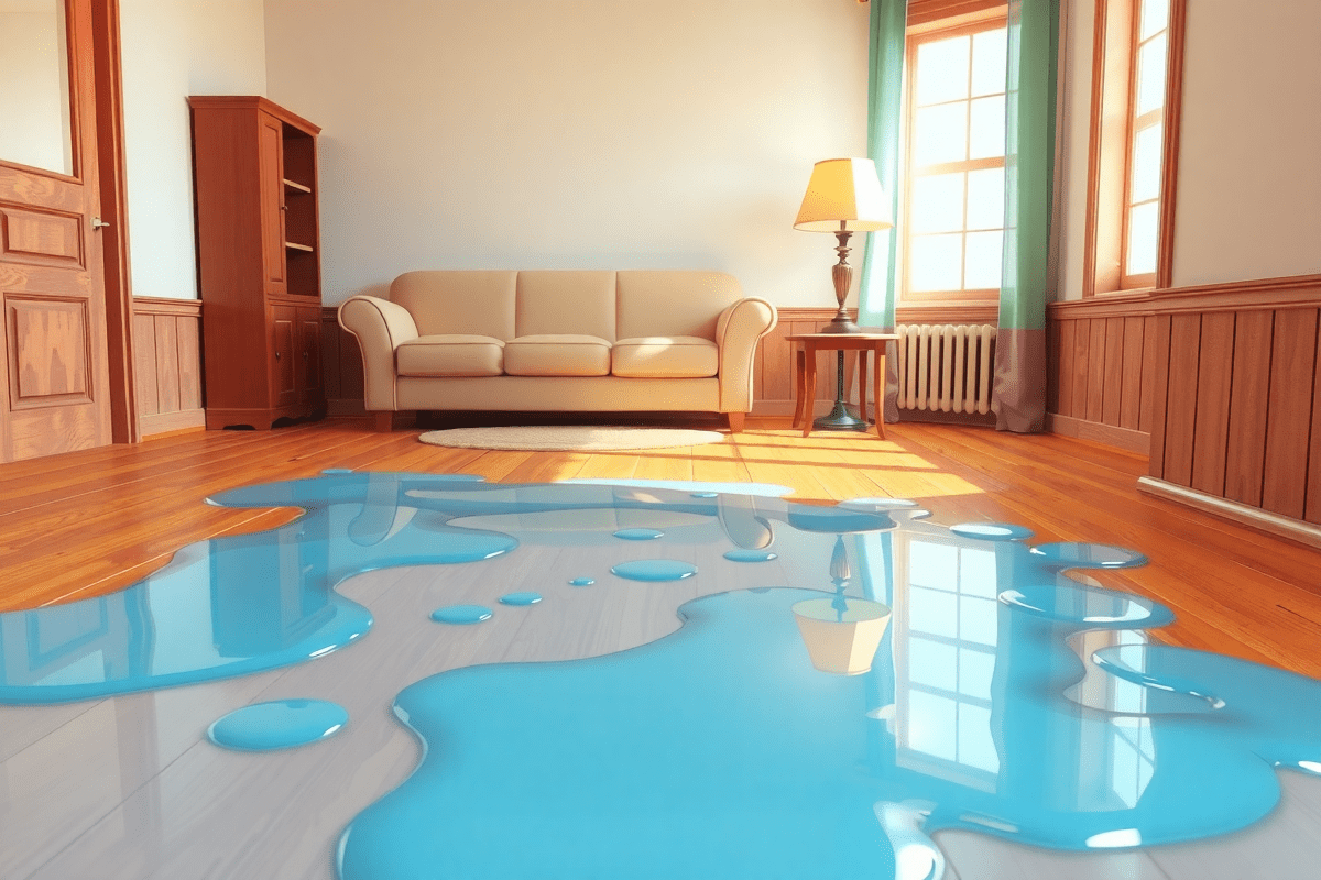 3D cartoon living room with a sofa and wooden furniture, showing a large puddle of water spreading across the floor.