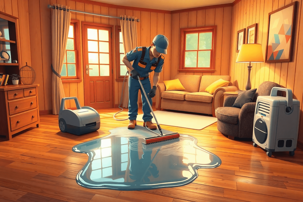 “3D cartoon restoration technician cleaning water from a flooded wooden floor in a cozy living room, with one air mover and one dehumidifier nearby.