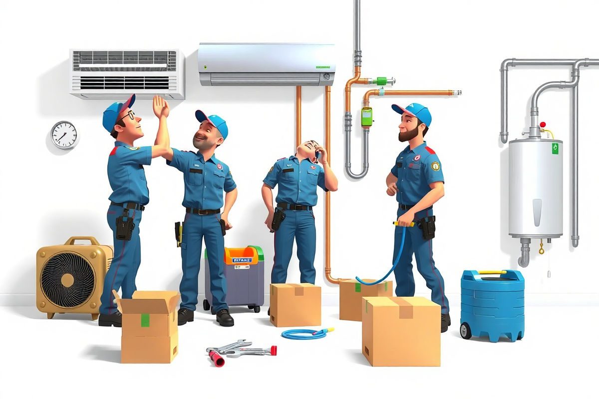 Pixar 3D style bright colorful cartoon illustration of restoration technicians installing an energy efficient A/C, replacing a low flow showerhead, and using a moisture meter during a Green Friday community event; realistic plumbing tools, dehumidifier, and new fixtures on a pure white background