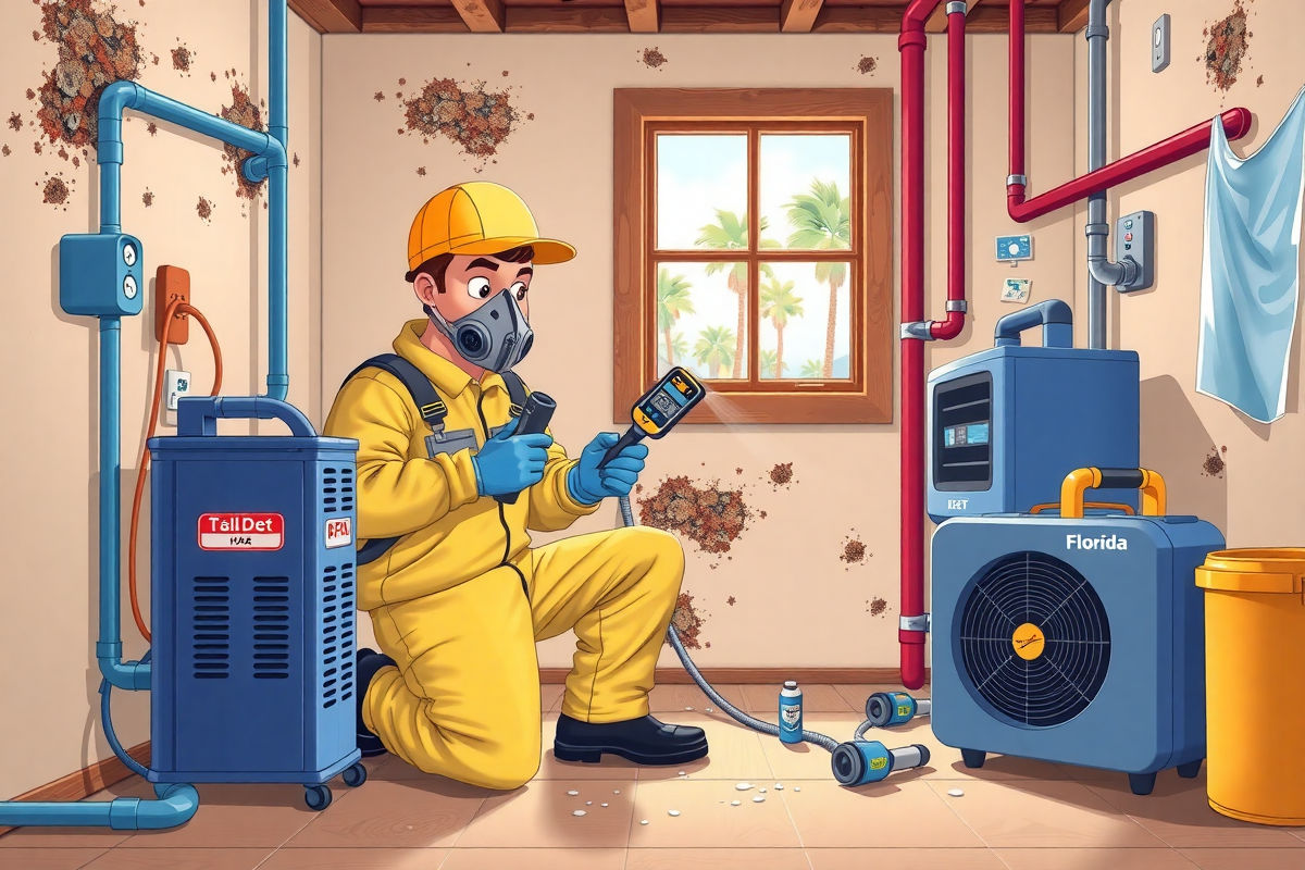 Pixar style mold remediation technician cleaning mold in a Tampa Bay home