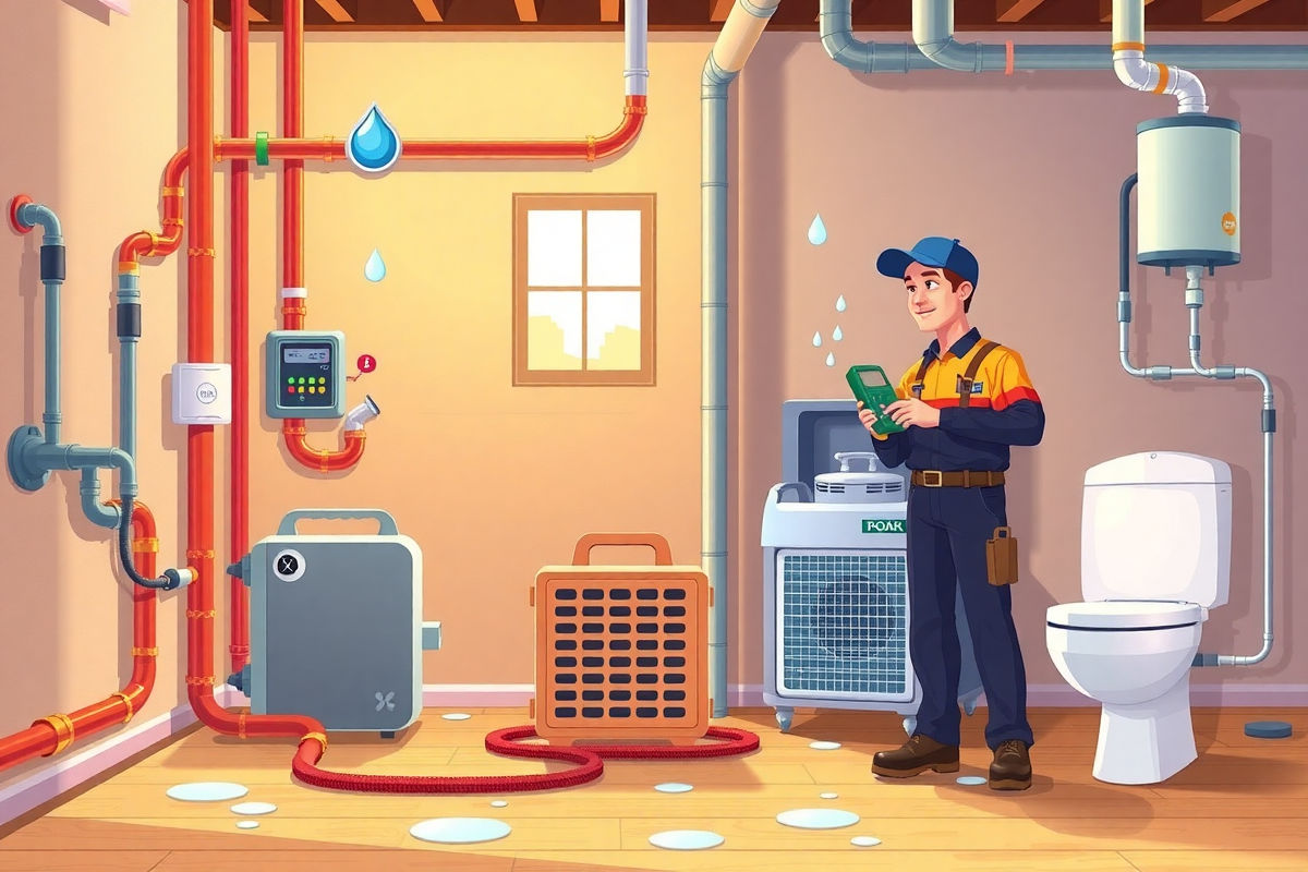 Main article illustration showing a commercial interior cross-section with pipes, leak sensors, a technician using a moisture meter, dehumidifier, low-flow fixtures, and a compact heat pump water heater in a Pixar style bright colorful cartoon illustration