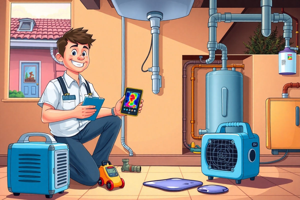 Professional home inspector using moisture meter and thermal camera to check pipes, water heater, attic stains, dehumidifier and air mover in a bright Pixar-style illustration