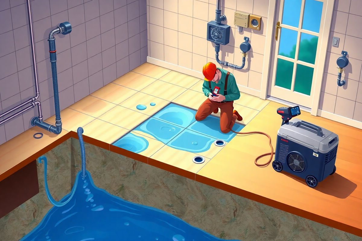 Pixar style bright colorful cross-section of a house floor showing water trapped under ceramic tile and a restoration technician inspecting with a moisture meter, dehumidifier, and air mover